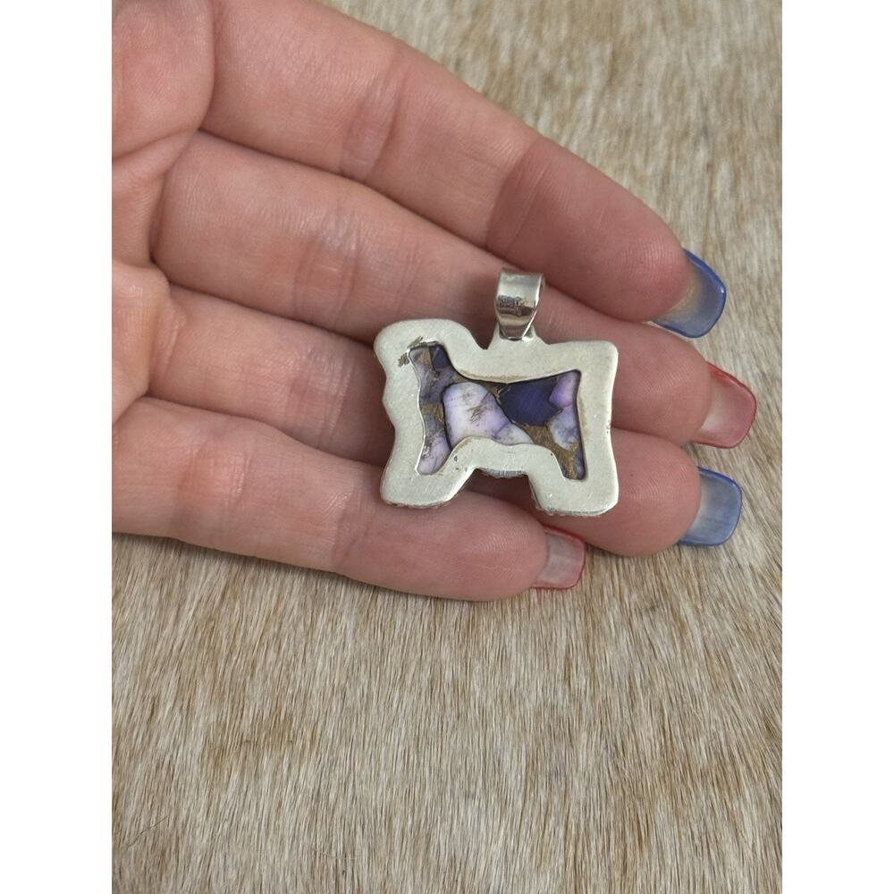 Native American SW Sterling Silver & Purple Dahlia Turquoise Sheep Cow Pendant - Picture 4 of 9